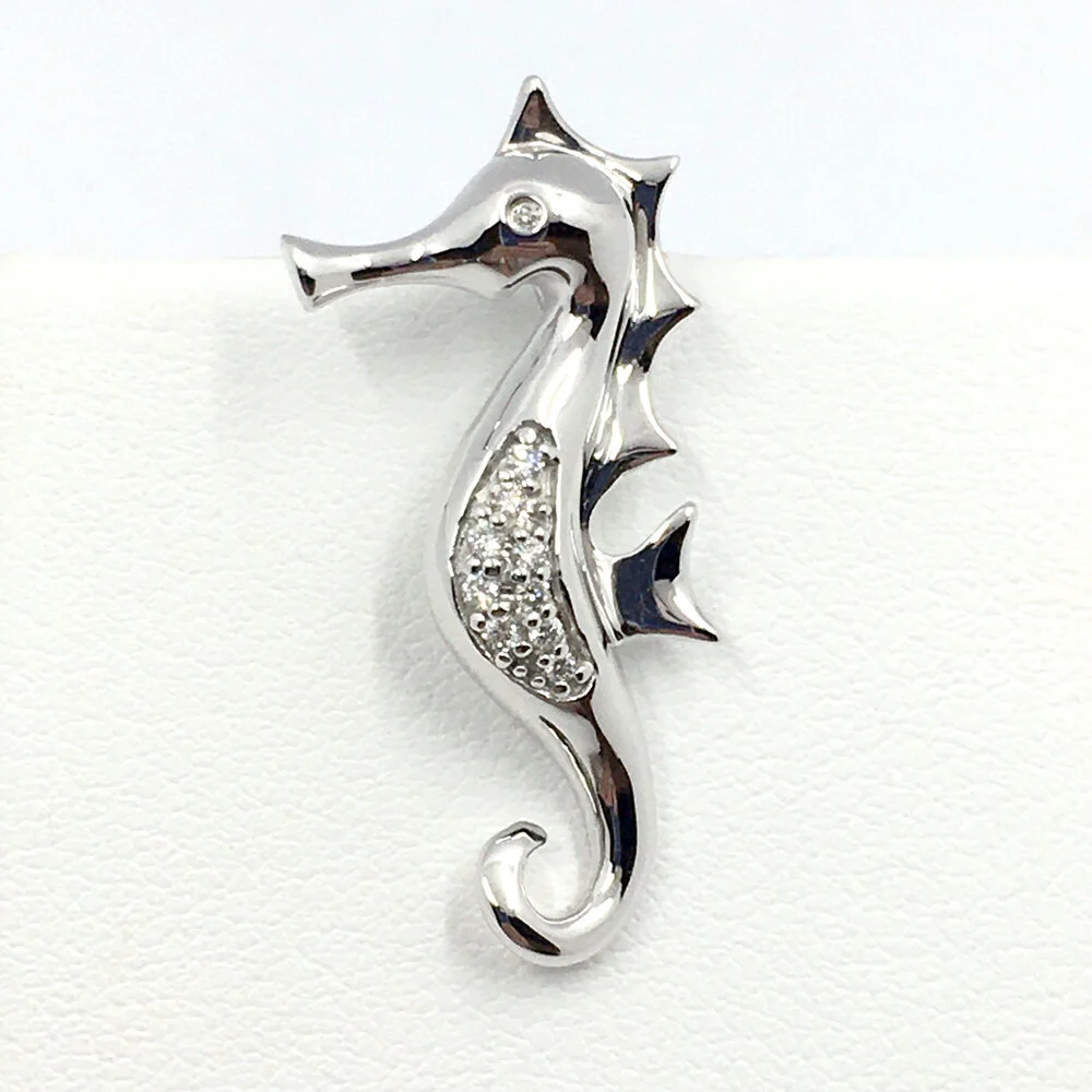14K White Gold &amp; Diamond Seahorse Pendant
