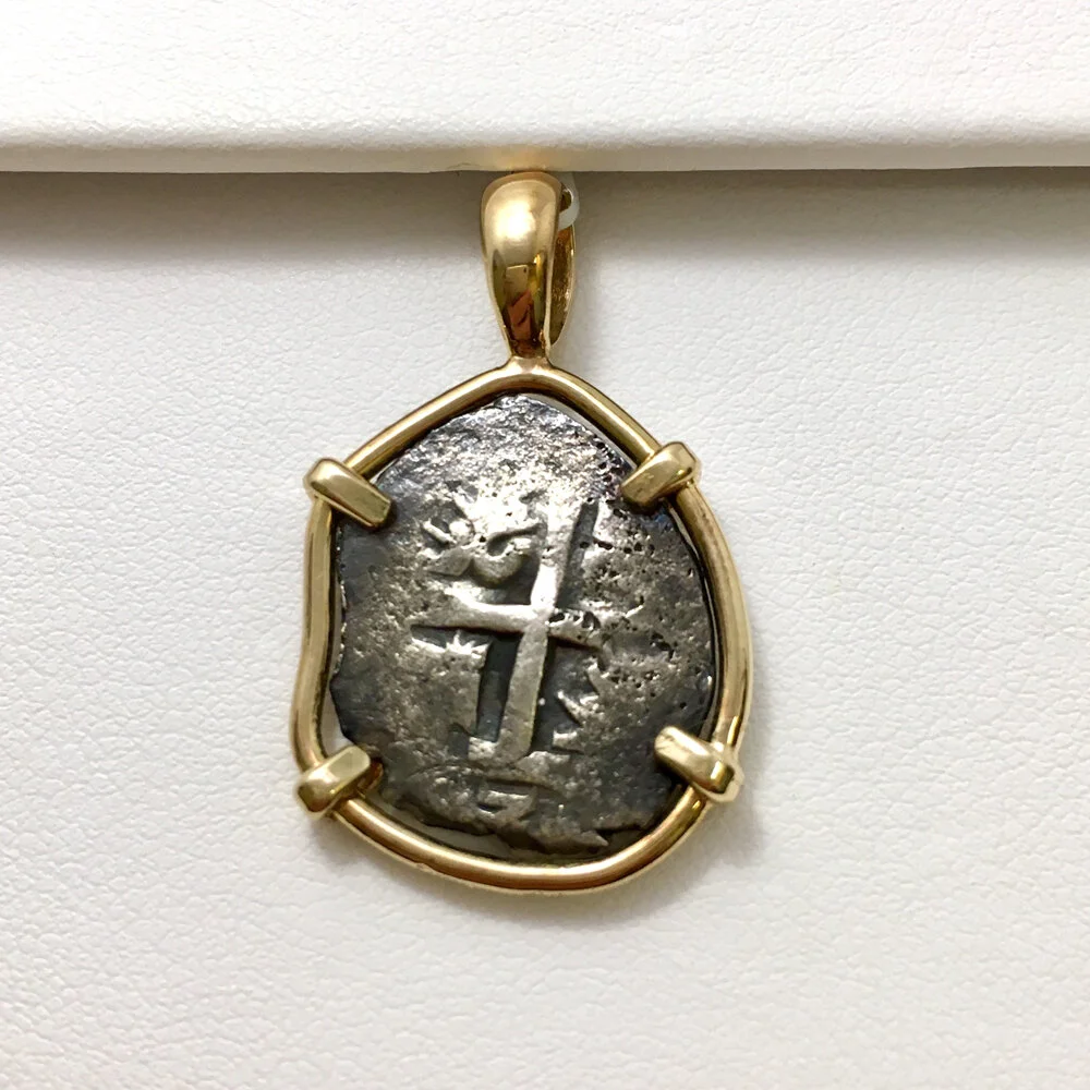 14K Yellow Gold Bezel Spanish Carlos IIII Silver Half Reale