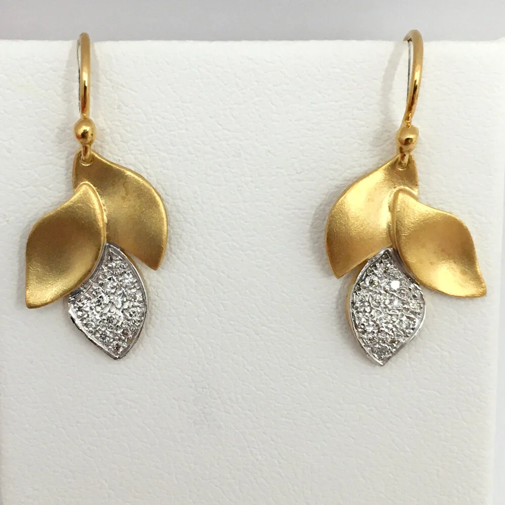 14K Yellow Gold &amp; Pave’ Diamond Leaf Earrings with 24K Satin Finish Overlay