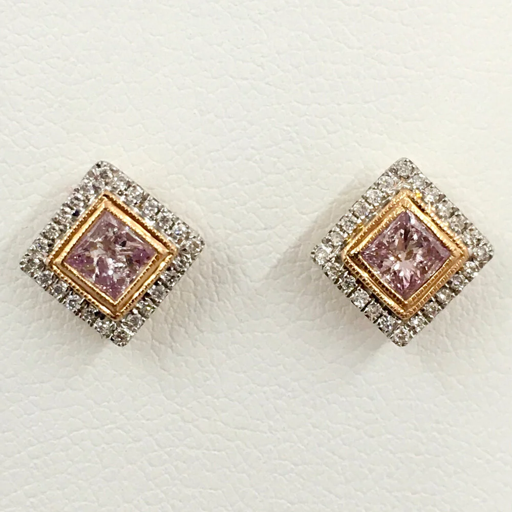 18K Rose Gold Princess Cut Fancy Pink Diamond Studs (GIA)