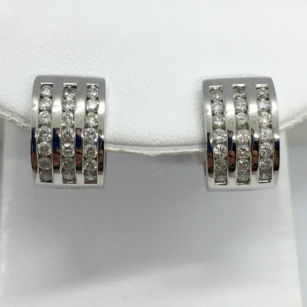 14K White Gold and Three Row Diamond Estate Hoop Huggies