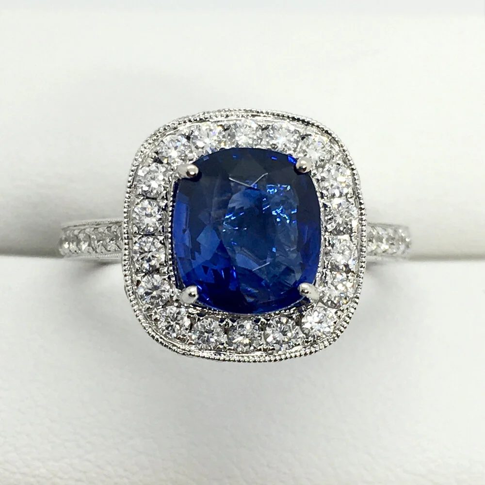 14K White Gold Sapphire &amp; Diamond Gorgeous Cushion Halo Ring With Fine Bead Accents