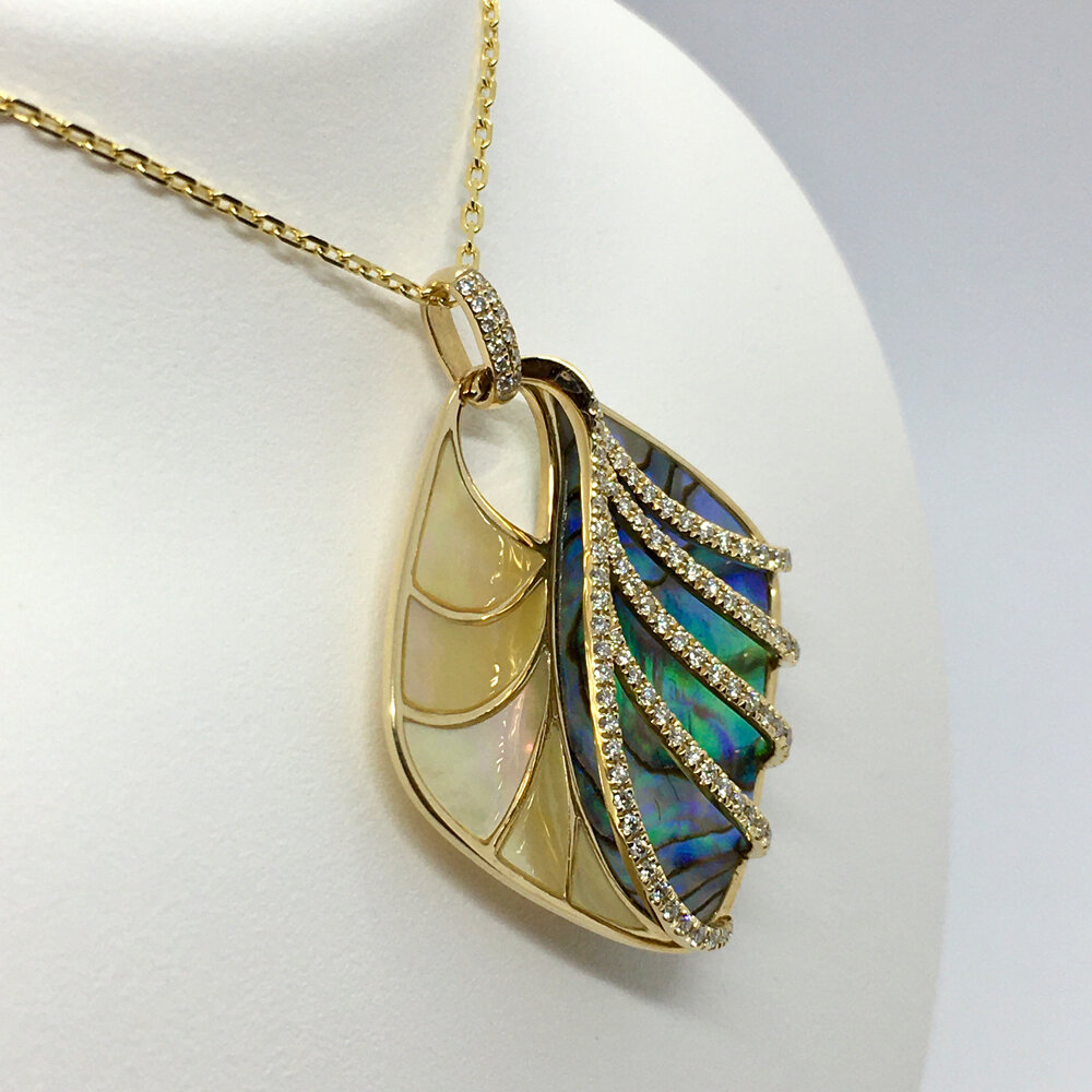 14K White Gold Mother of Pearl Boat, Abalone Waves and Diamond Sailboat ...