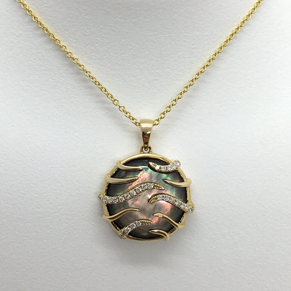 14K Yellow Gold, Black Mother of Pearl and Diamond Luna Pendant