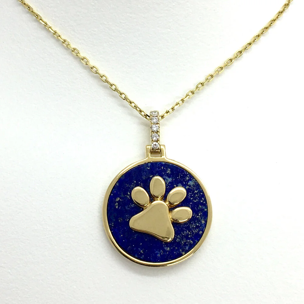 14K Yellow Gold Lapis and Diamond Polished Paw Happy Pendant