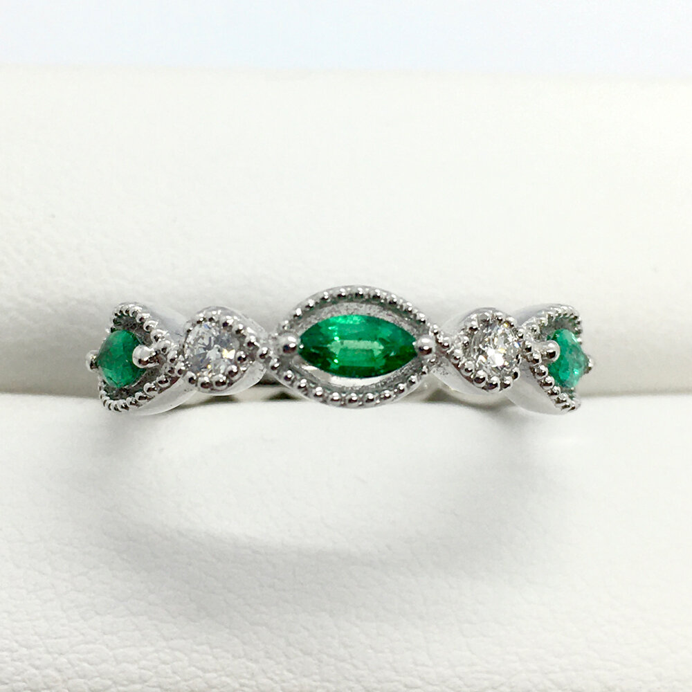 18K White Gold, Emerald &amp; Diamond Fashion Band With Fine Bead Accents