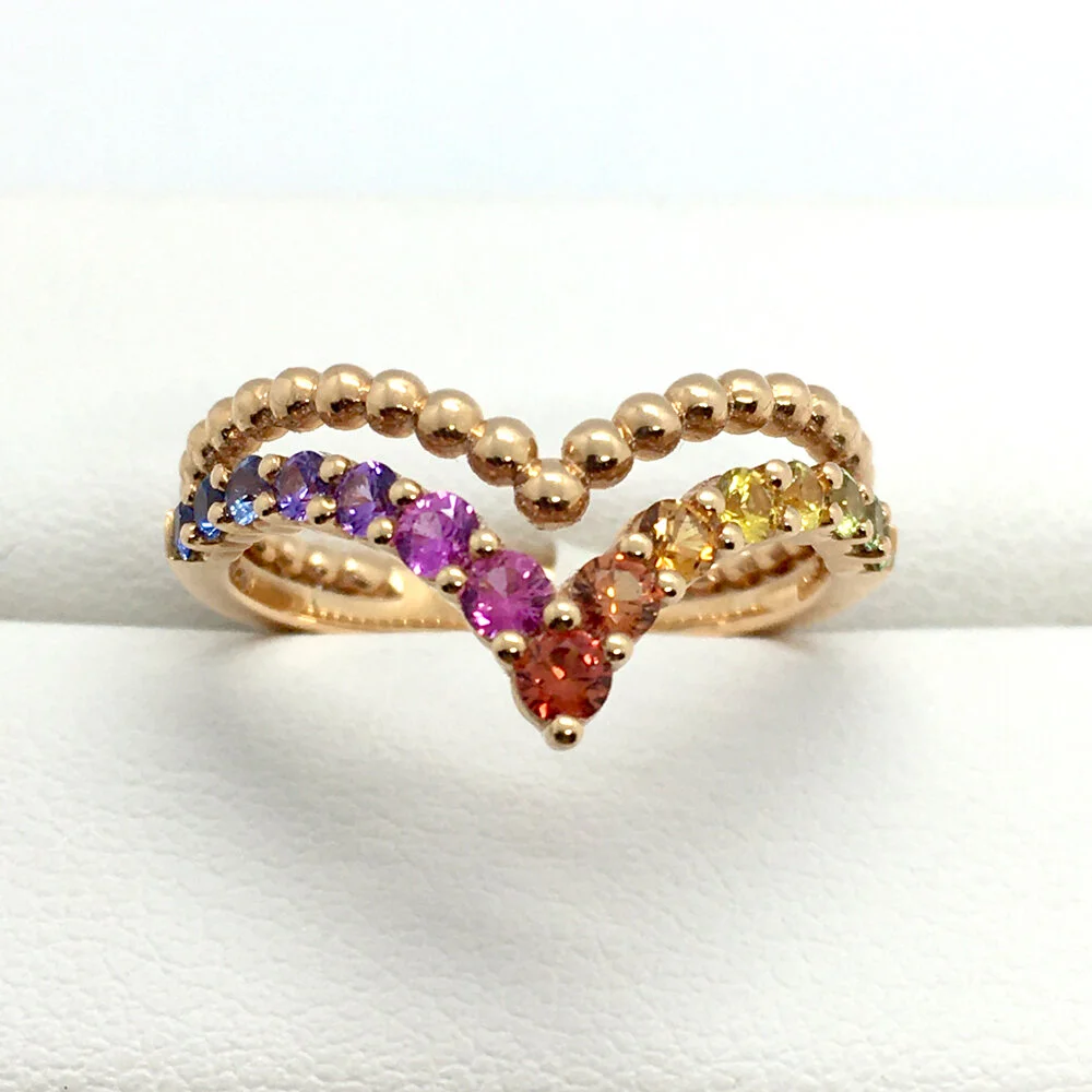 18K Rose Gold and Rainbow Color Sapphire Chevron Design Double Band