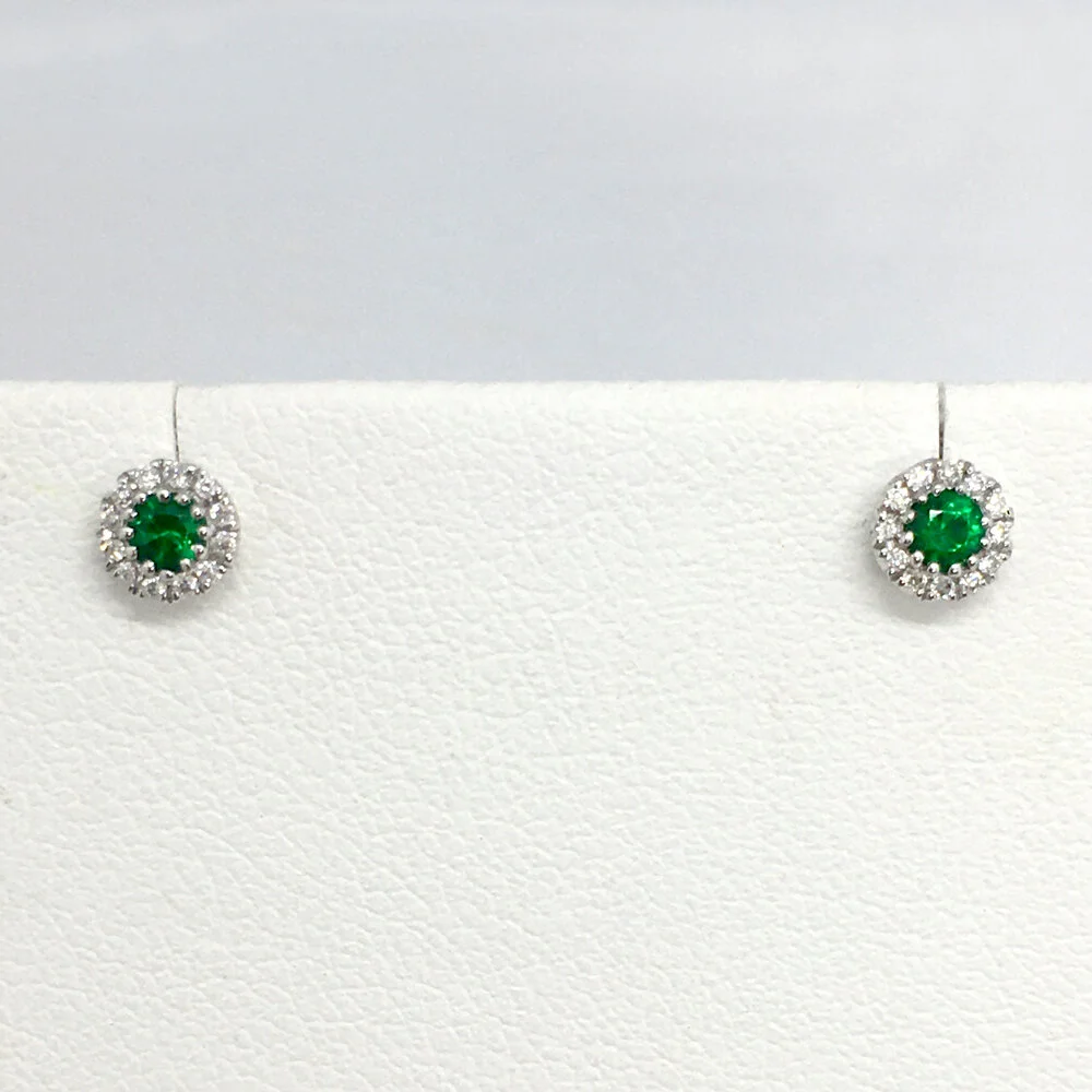 18K White Gold Emerald and Diamond Halo Studs