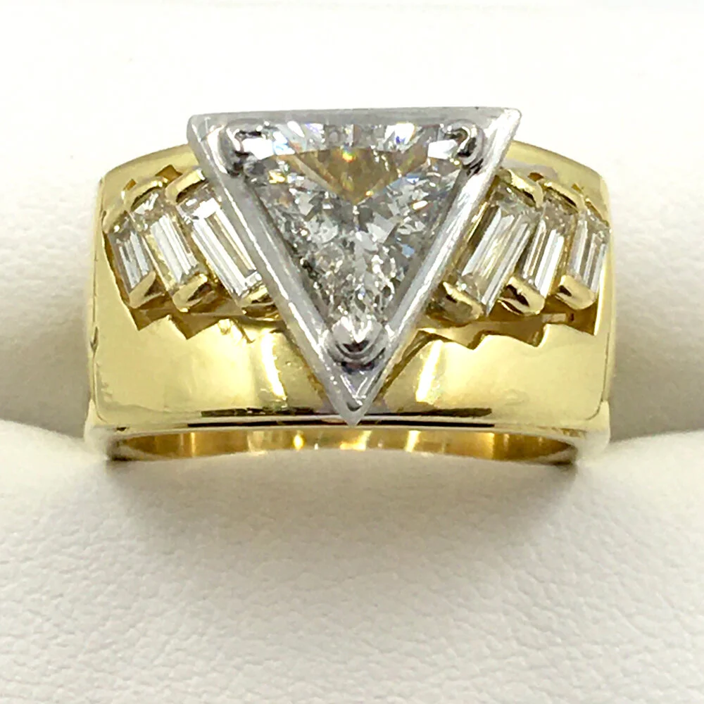 18K Yellow and White Gold Customized Trillion And Baguette Diamond Show Stopping Ring