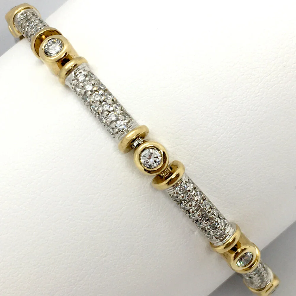 14K White and Yellow Gold Fancy Diamond Bracelet With combination Bezel and Prong Set Diamonds