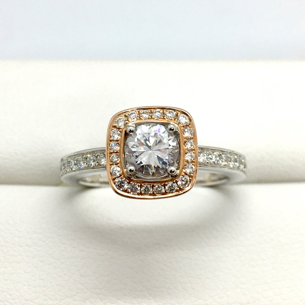 statisch Vel band 14K White and Rose Gold Diamond Halo Engagement Ring — Bradley's Jewelers
