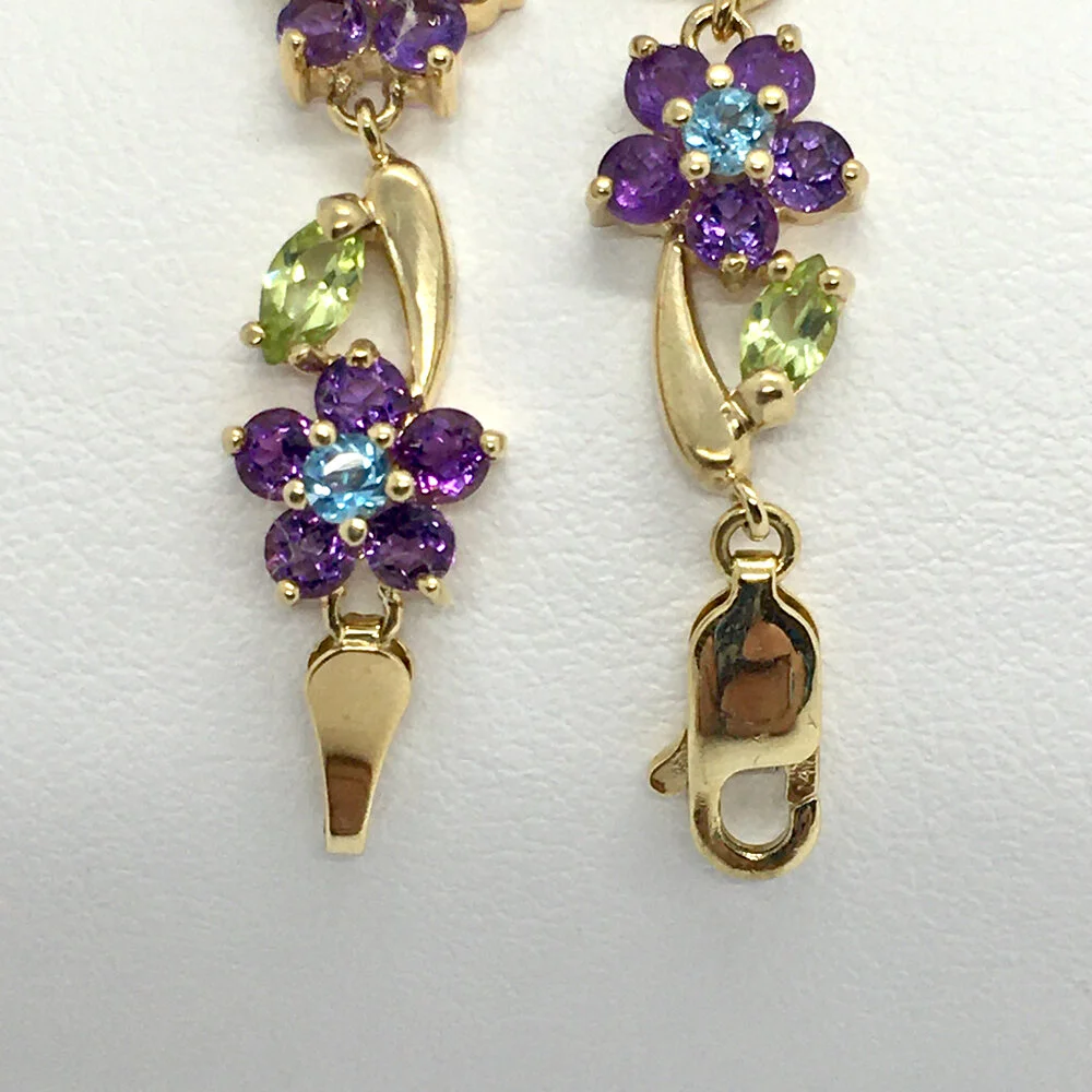 14K Yellow Gold Amethyst, Peridot and Blue Topaz repeating flower