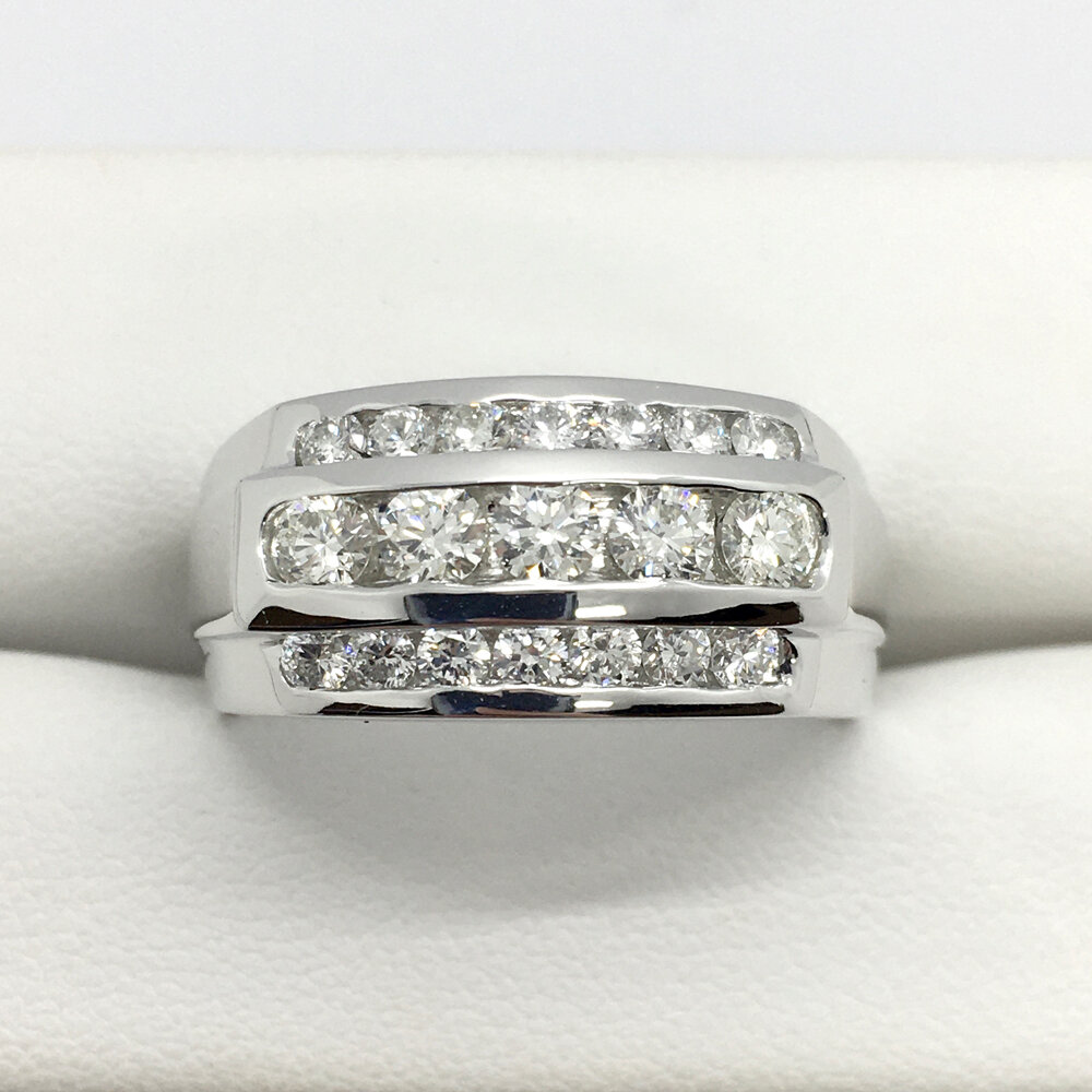14K White Gold and Diamond Three Row Men’s Channel Band
