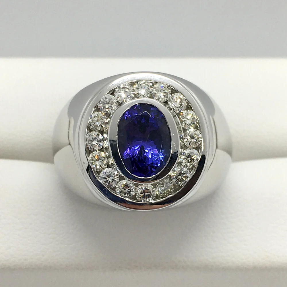 14K White Gold, Tanzanite and Diamond Channel Halo Men's Ring