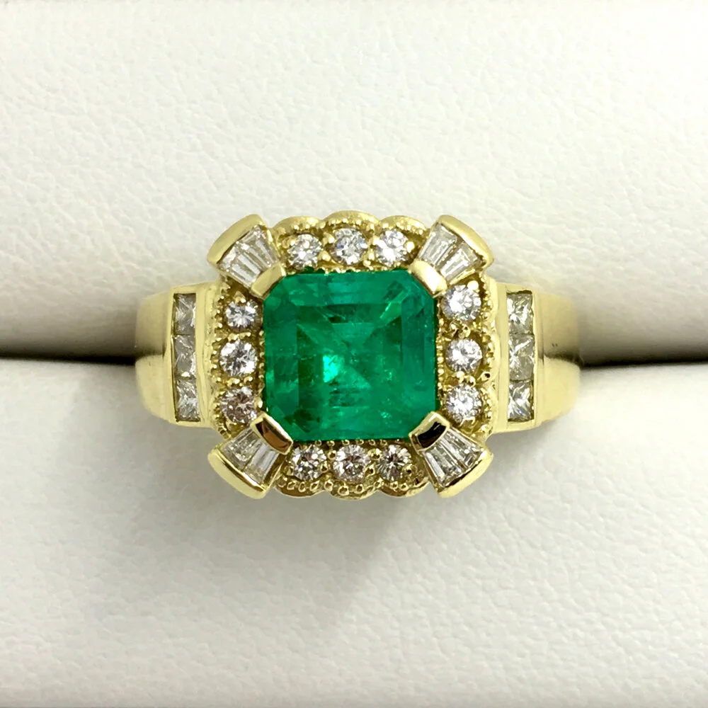 18K Yellow Gold, Emerald and Diamond Ring