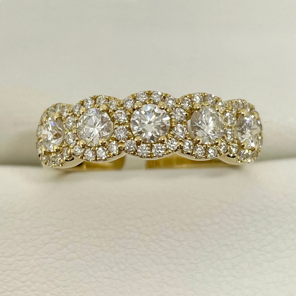 14K Yellow Gold and Five Section Multi Halo Diamond Band