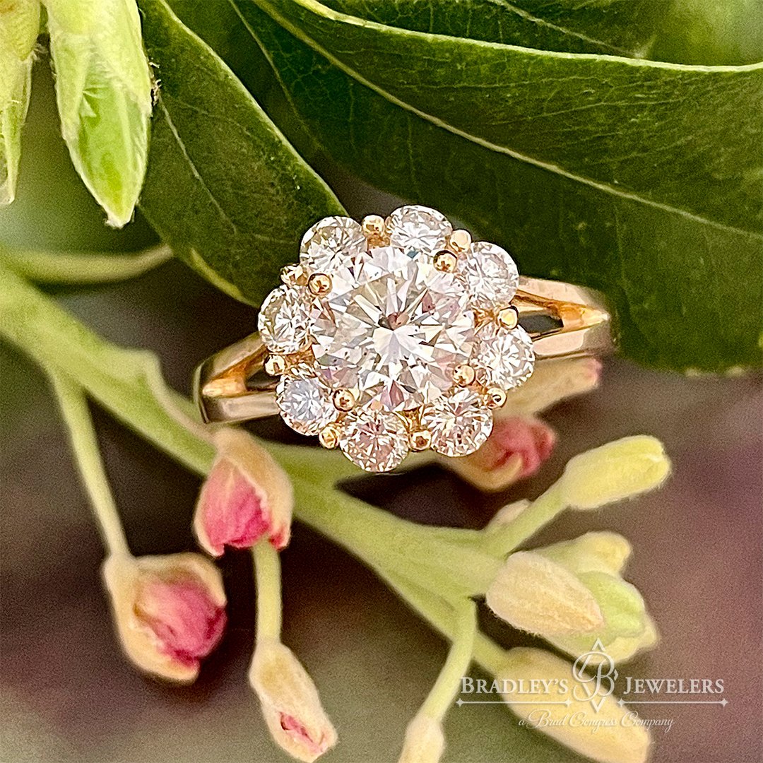 Carrie wanted a new mounting to really set her beautiful diamond off! I think we did it with this bold halo floral 🌸 design! Come see what&rsquo;s waiting for you&hellip; at Bradley&rsquo;s Jewelers!
#BradleysJewelers #FloralJewelry #Diamonds #HaloR