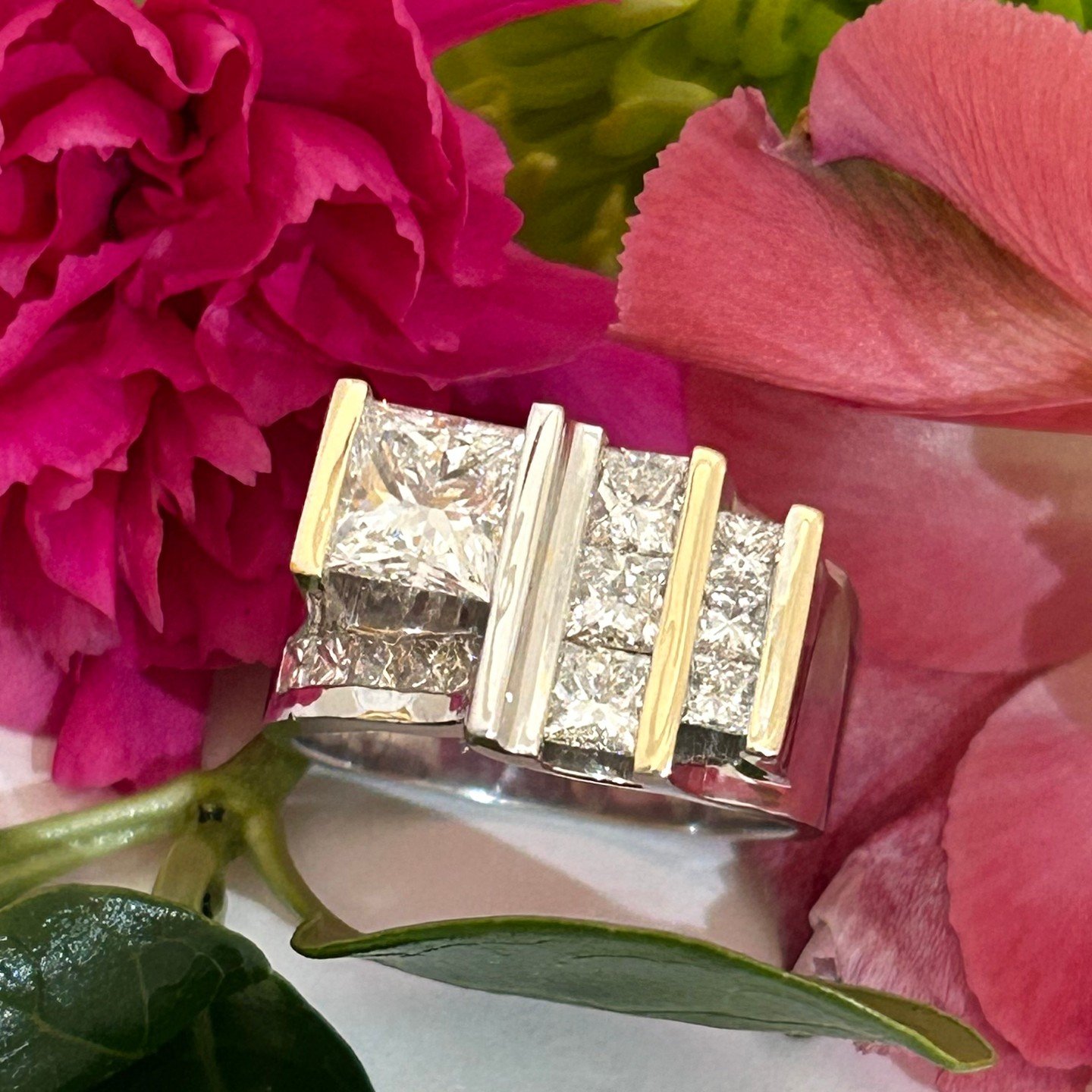 Tiffany and Dane had a selection of rings with beautiful Princess Diamonds&hellip; and wanted to create a forever home with everyday wearability in mind! This custom hand-fabricated masterpiece is now fit for this marvelous couple to enjoy! We are al