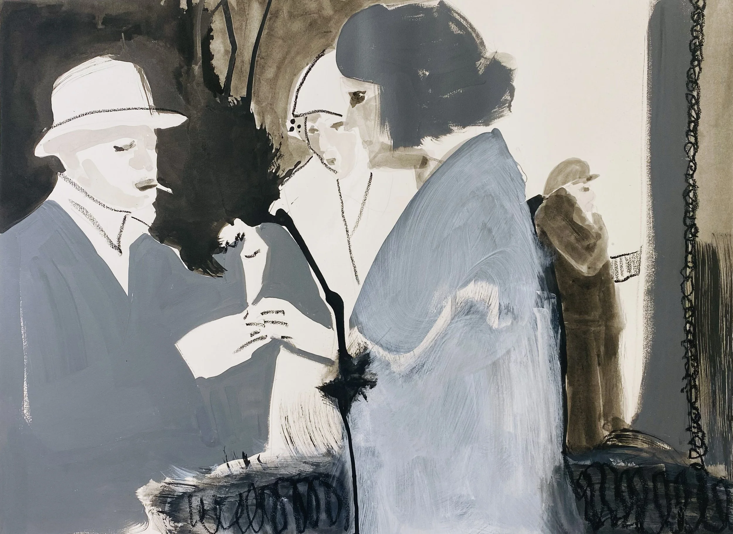 Transaction. Ink, acrylic, and charcoal on paper. 30 × 22 inches