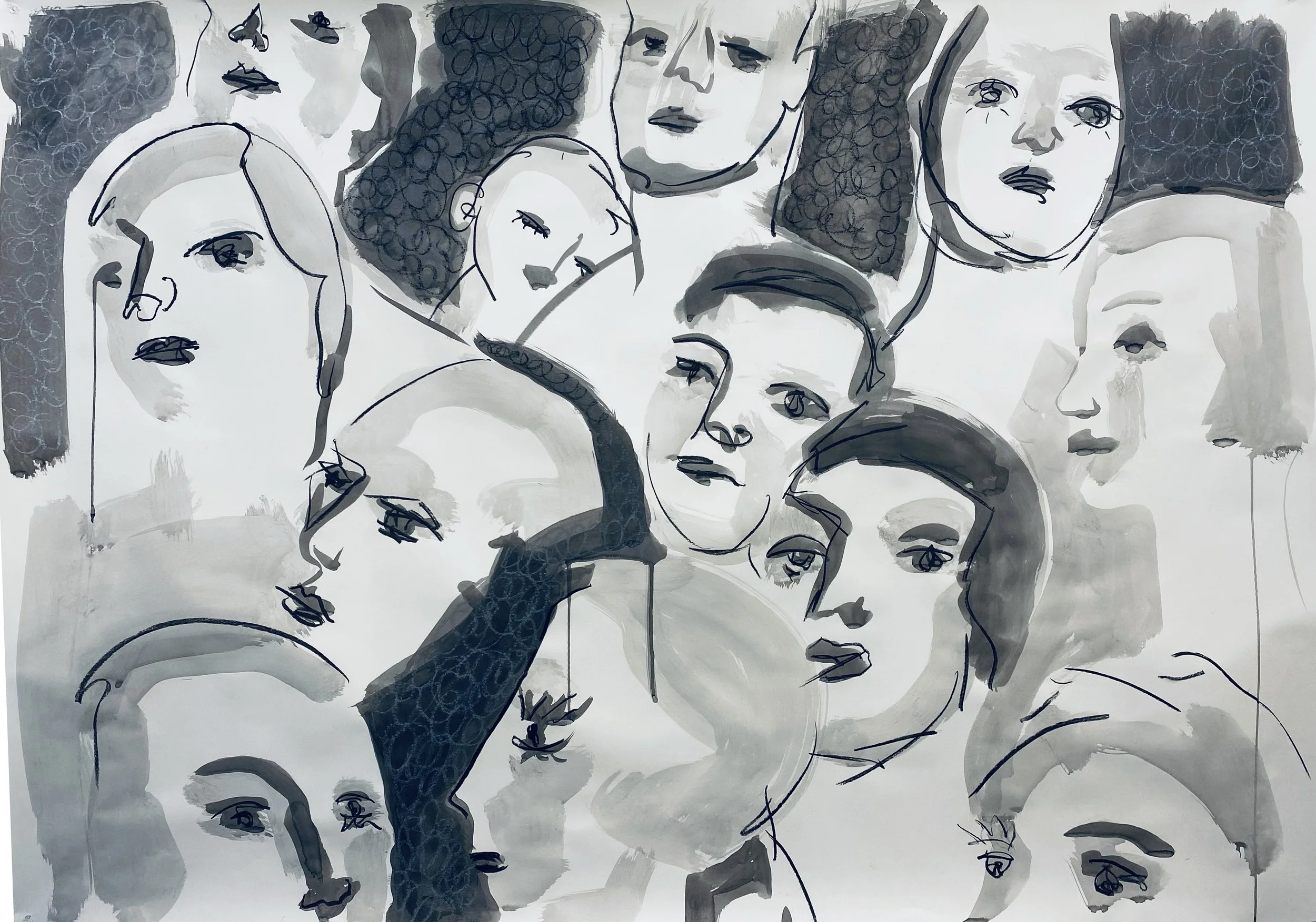 Faces. Ink and Charcoal on paper. 42 × 72 inches