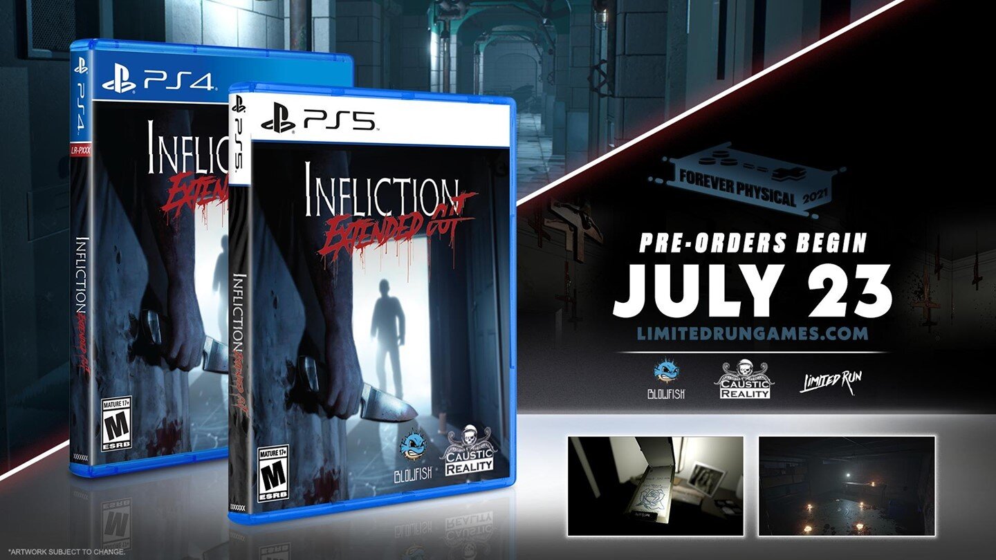 We're very excited to announce that we've teamed up with Limited Run Games to bring you the physical version of Caustic Reality's Infliction: Extended Cut for #PS4 &amp; #PS5! 👻⠀
⠀
You will be able to pre-order it on Friday, July 23 at 10:00am ET on