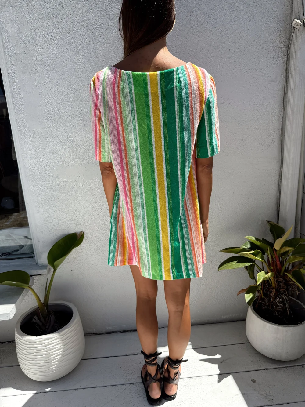 terry cloth mini dress Terry Cloth Striped Scoop Neck Mini Dress Off White Medium