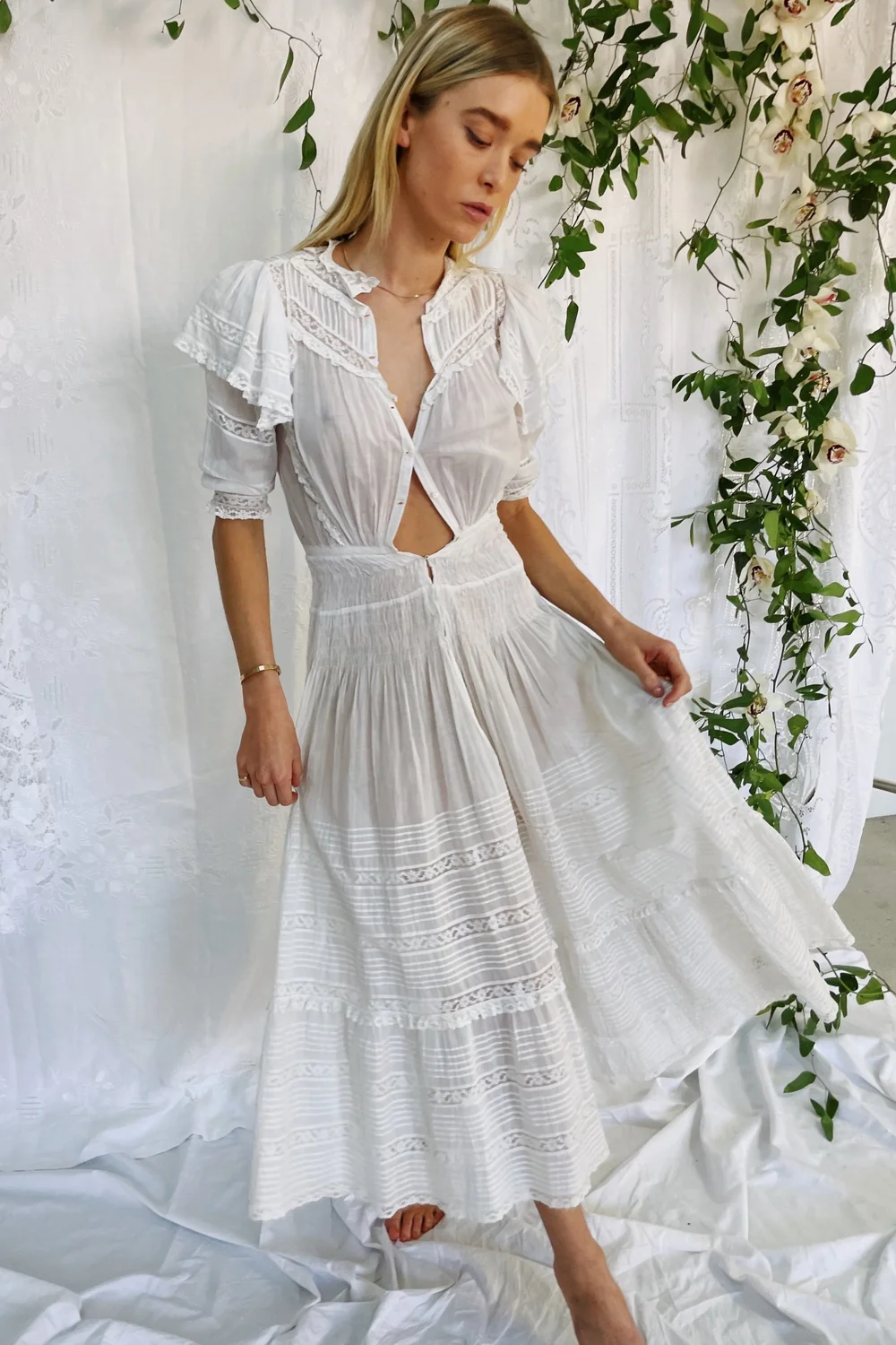 white christmas dresses Edwardian Embroidered Cotton Net Dress – Eveliina Vintage main image 1