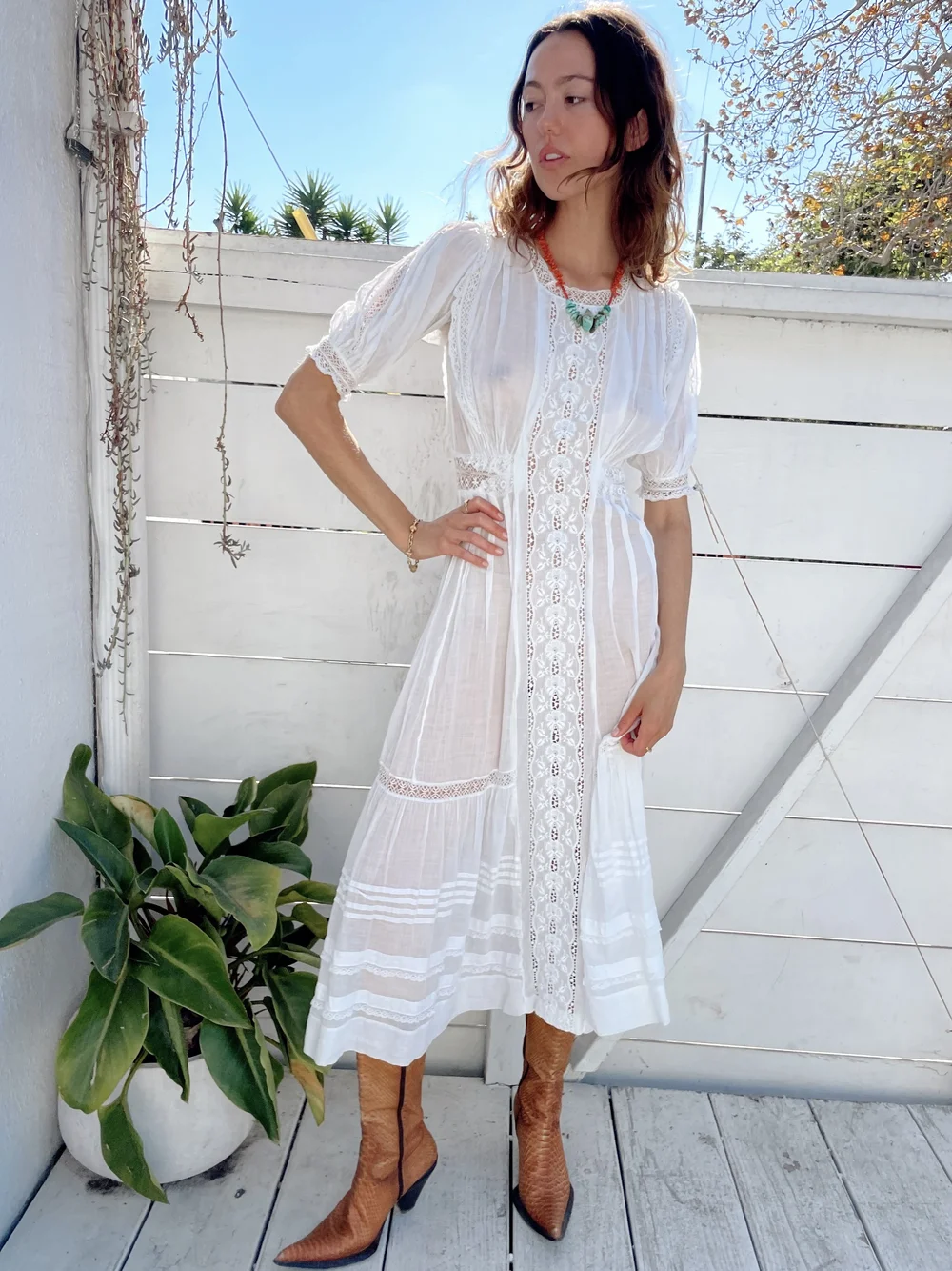 Edwardian Lace Puff Sleeve Midi Dress  Madly Vintage