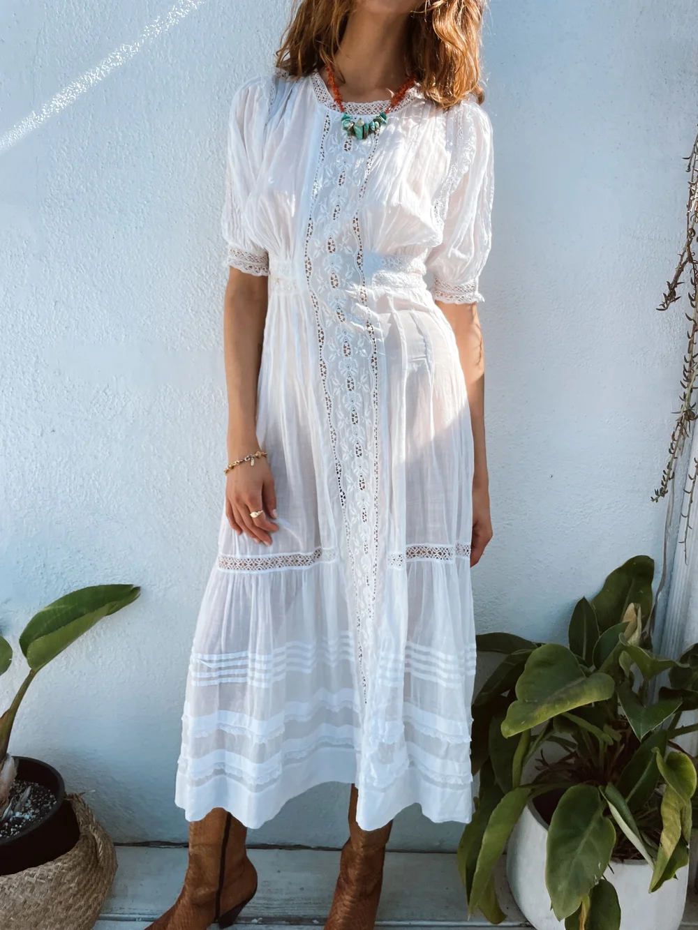 Edwardian Lace Puff Sleeve Midi Dress  Madly Vintage