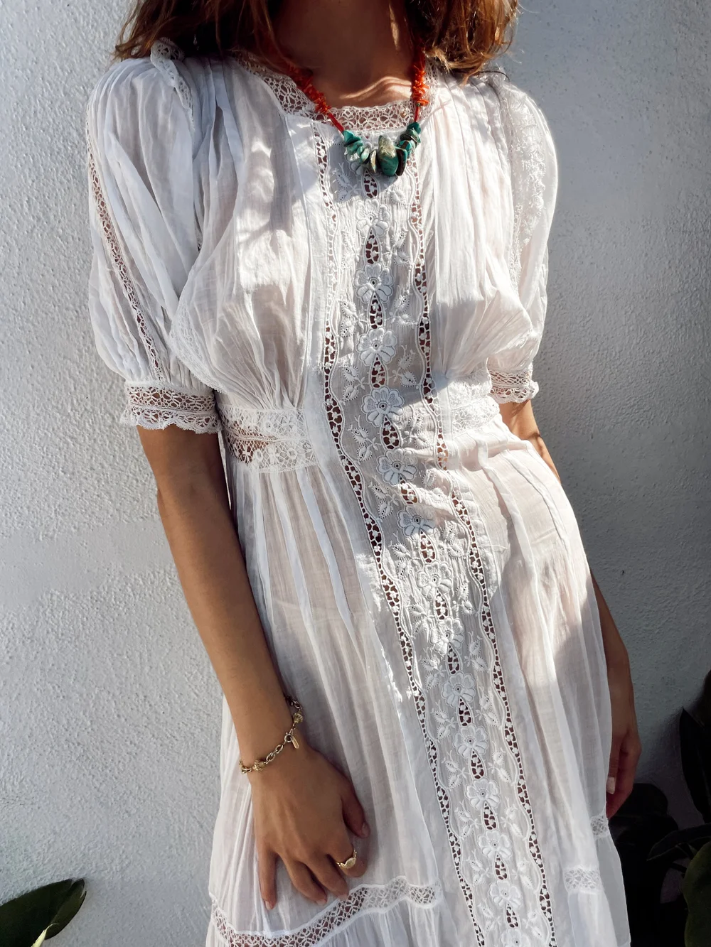 chinese dress ladies Puff-Sleeve Off-White A-Line Midi Dress