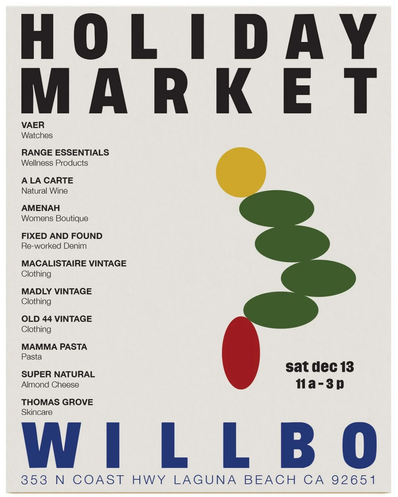 Laguna friends ~ we&rsquo;re so excited to be popping up at our favorite neighborhood hang @willbo ⭐️ Join us + friends for their holiday market TOMORROW Sat 12/13 11-2pm.