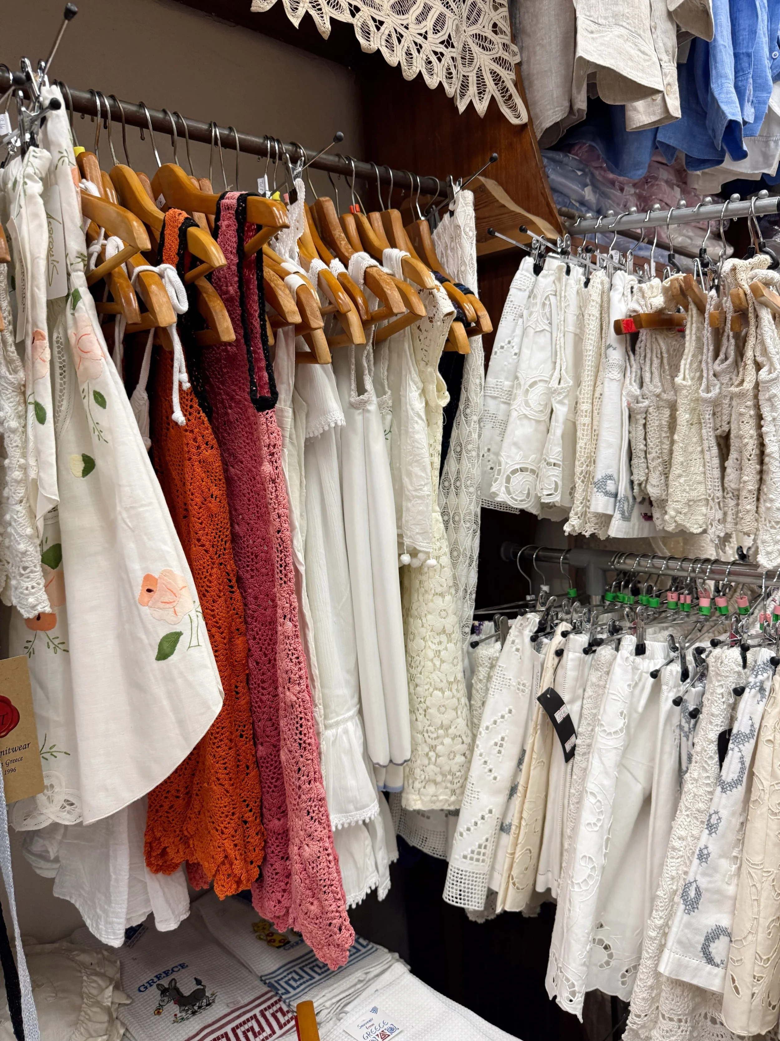 Stumbled into the dreamiest, most-madly little shop in Greece. Racks and racks of pieces reworked out of embroidered + crochet tablecloths ~ as you can imagine, I about lost my mind.  Really felt kismet I found this place as I&rsquo;m sourcing for @a