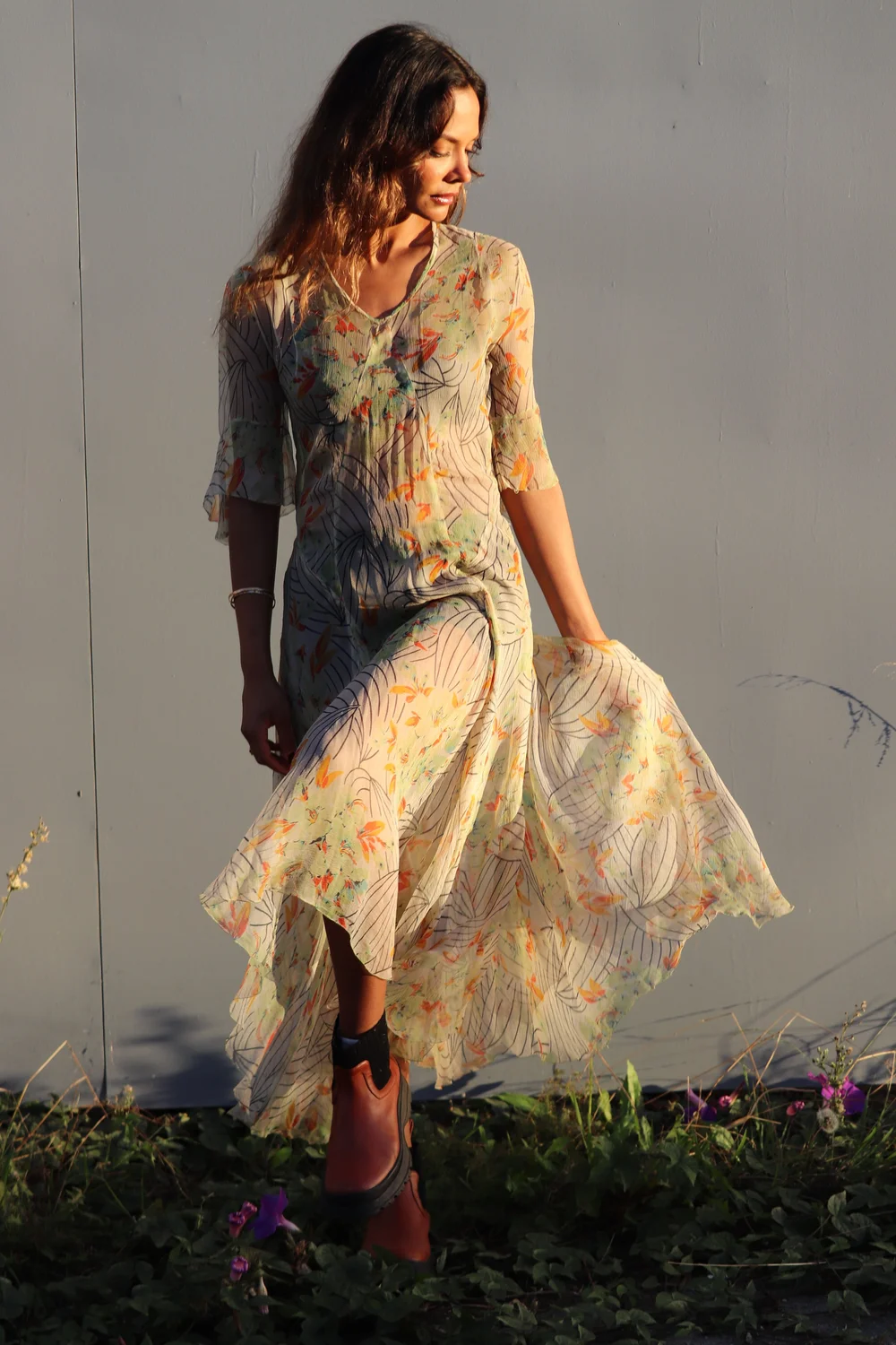 knee length dresses for ladies Blue 1930s Floral Tie Back Tiered Maxi Dress main image 1
