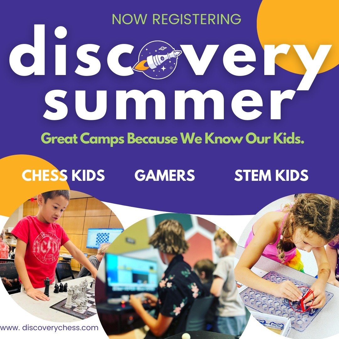 Proud to offer great summer camps for chess kids, gamers, and stem kids. Check out our 2024 offerings. Link in Bio
discoverychess.com/summer

🪵Early Bird Special: $50 off. Use Code: stemcamp50
🪵Payment Plans Available
🪵 Sibling Discounts

#discove