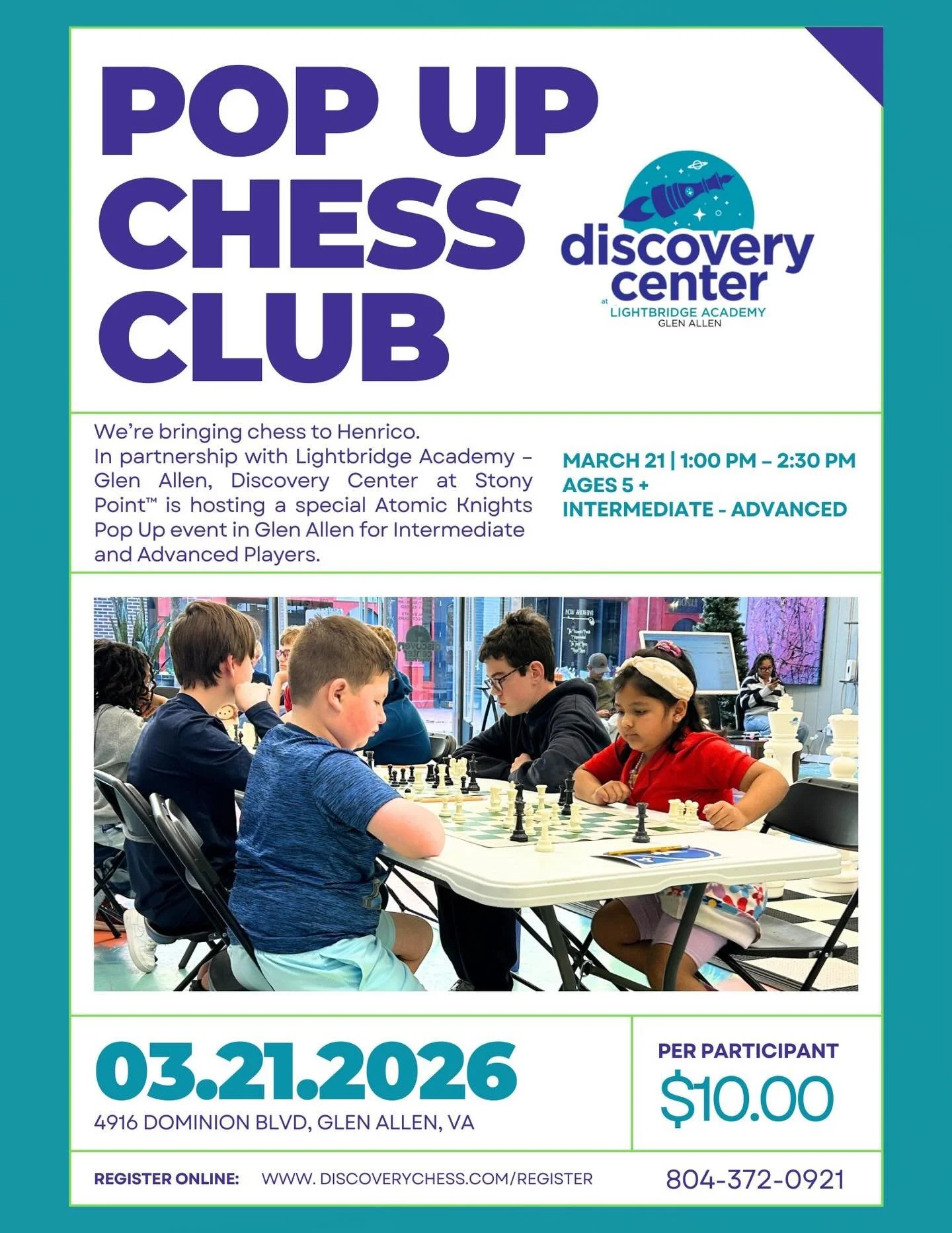 ♟️ POP UP CHESS CLUB &ndash; GLEN ALLEN ♟️

Henrico &mdash; we&rsquo;re bringing chess to you.

Discovery Center at Stony Point&trade; is partnering with Lightbridge Academy Glen Allen to host a special Atomic Knights Pop Up Chess Club for kids who l