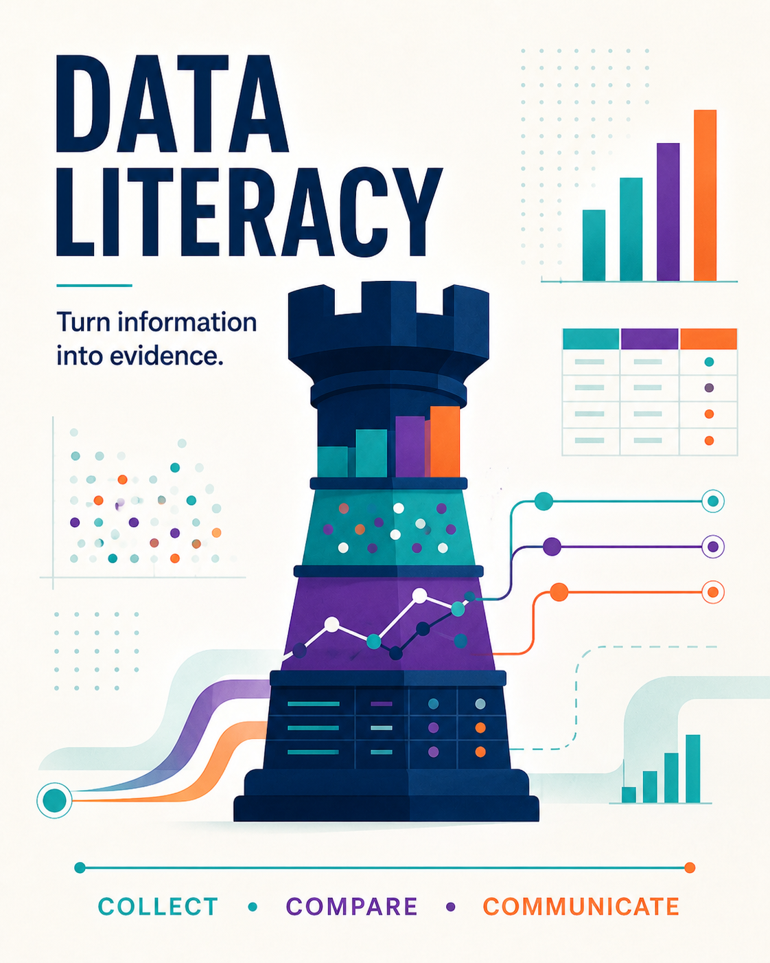 Data Literacy graphic with a chess rook built from charts, tables and comparison pathways showing how information becomes useful evidence.