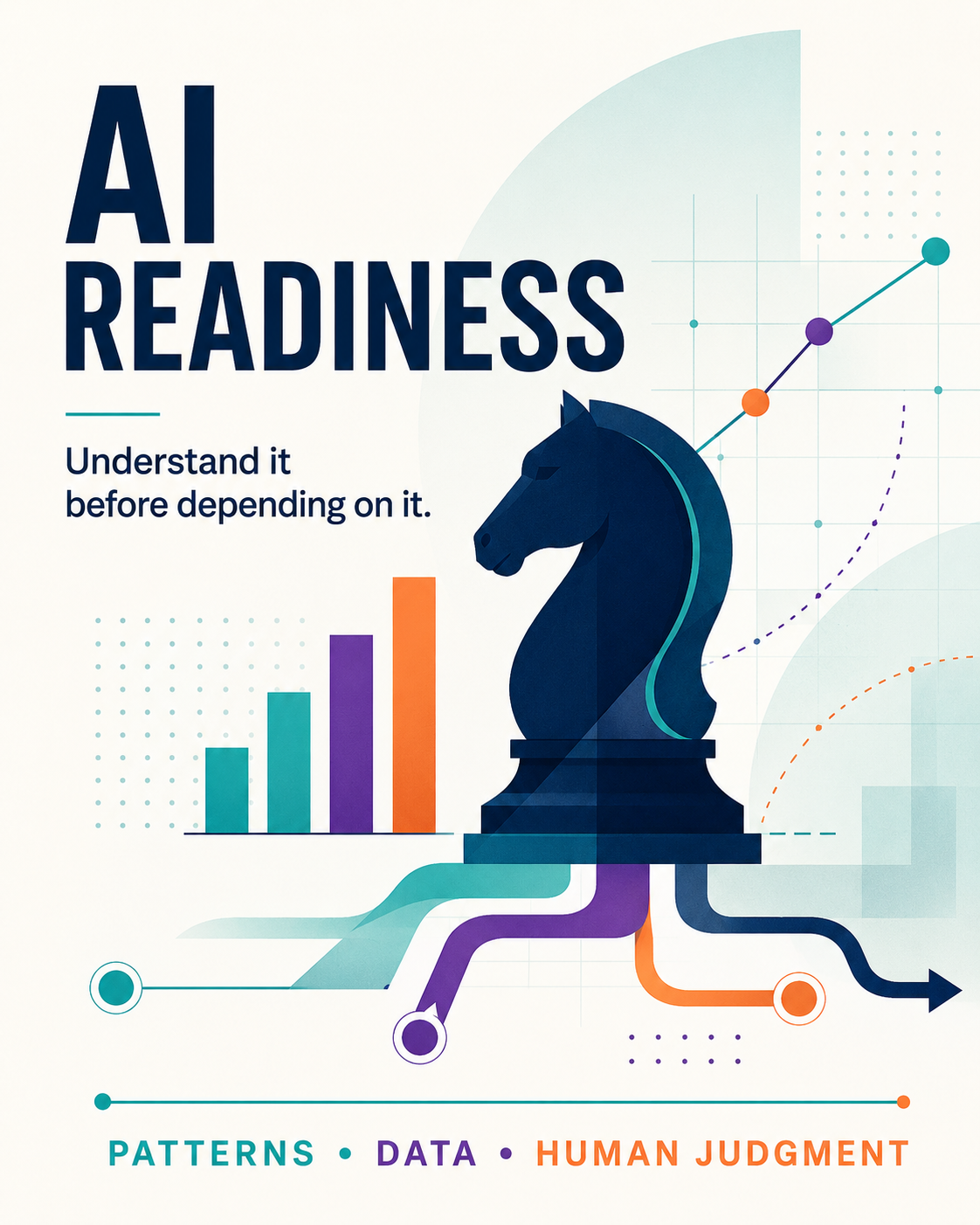 AI Readiness graphic with a chess knight, data charts and decision pathways representing pattern recognition, data literacy and human judgment.