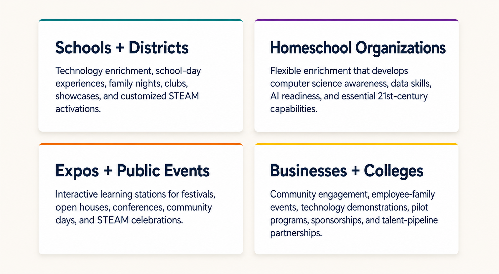 Discovery technology and STEAM partnership opportunities for schools, homeschool organizations, public events, businesses, and colleges in Richmond.