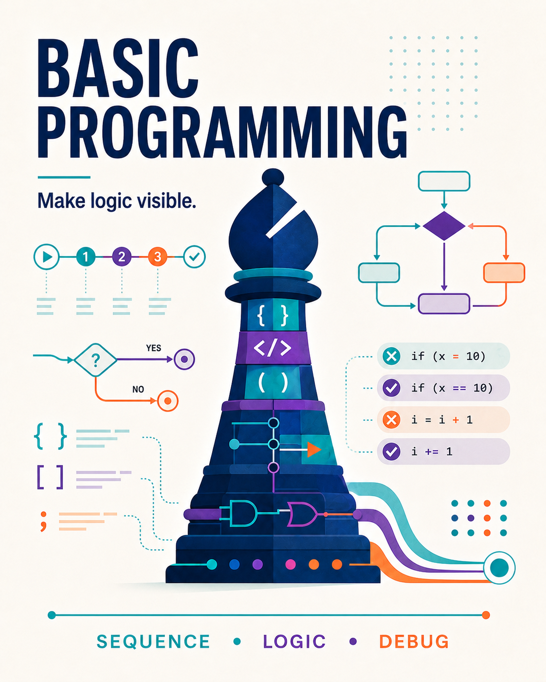 Basic Programming graphic with a chess bishop, sequences, logic diagrams, code symbols and debugging pathways representing computational thinking.