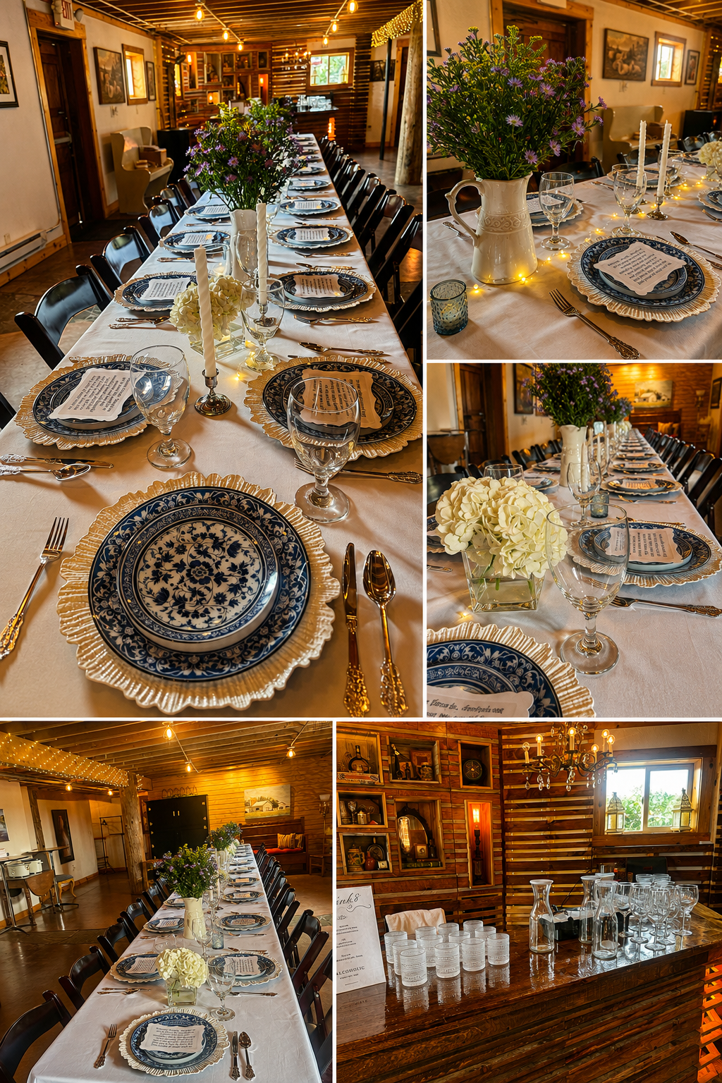 Blue-and-white place settings and floral centerpieces for a long dinner table at The Keller Brick Barn in Dallas Center, Iowa