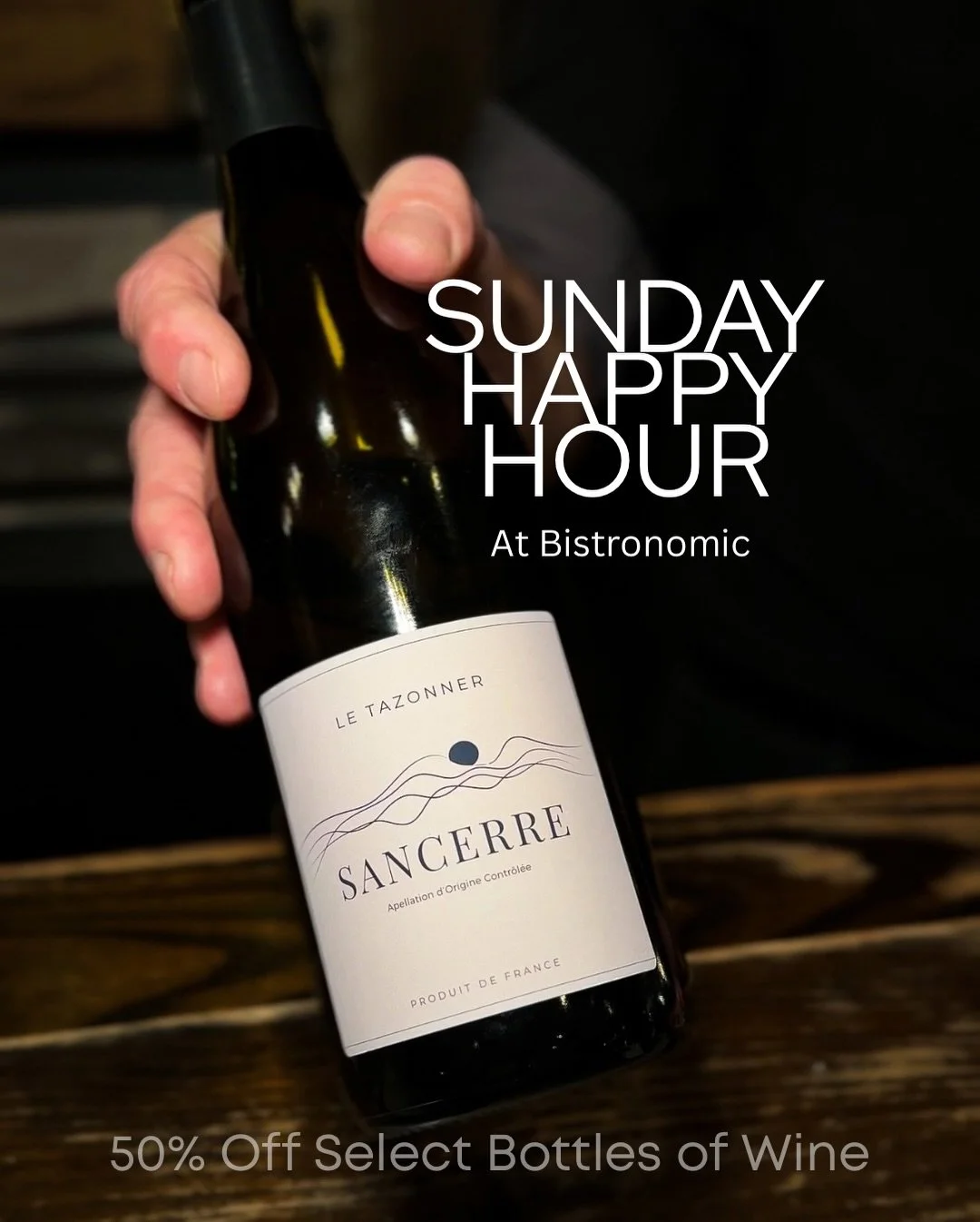 Join us for Happy Hour every Sunday at Bistronomic from 5:00-6:00pm to enjoy 1/2 off select bottles of wine, $14 glasses of wine, and other specials!

Sunday March 8th choose from:
Bordeaux Chateau Fontenille 2019, $36| $14 by the glass
Pinot Noir Fr