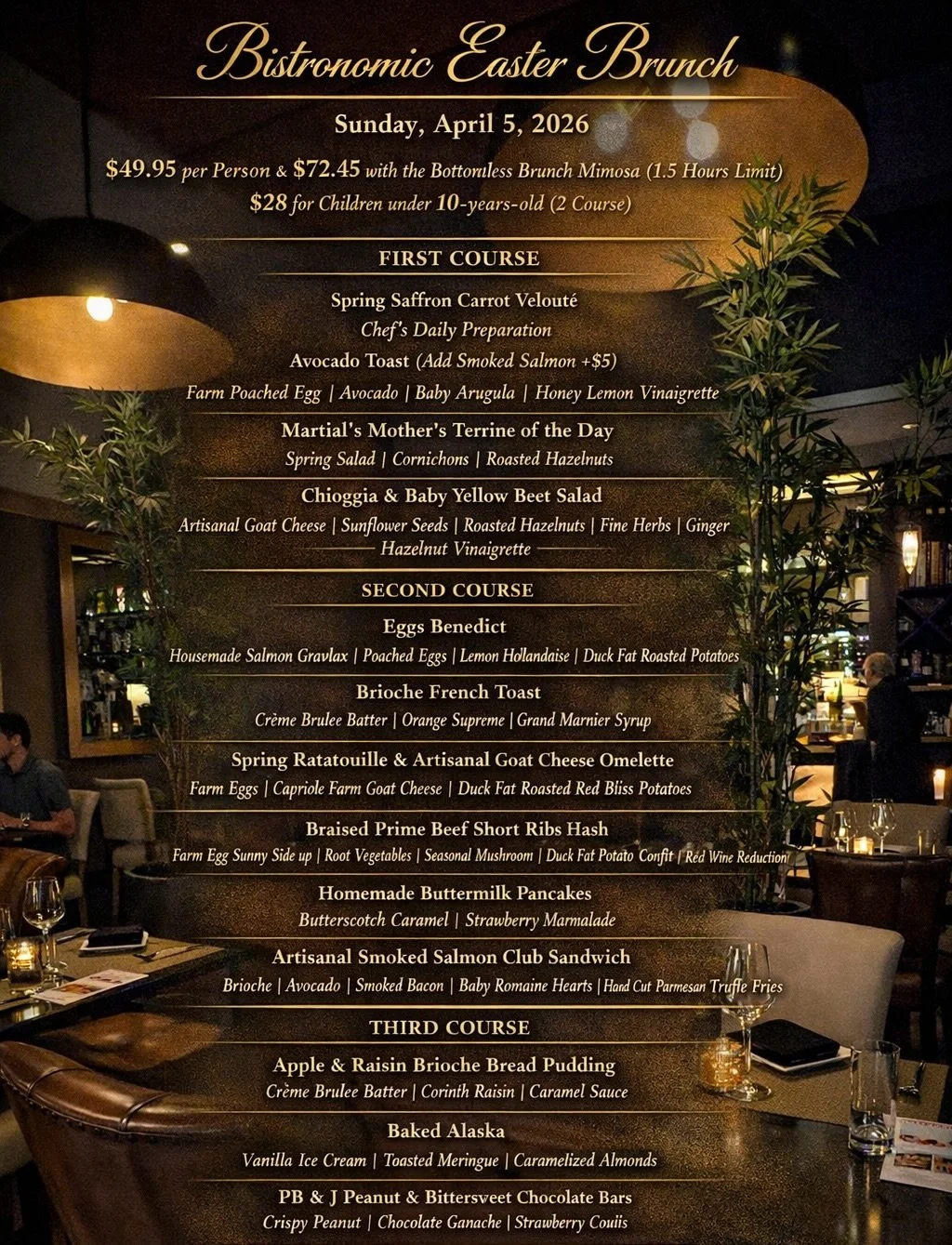 Reservations are open for our Easter Day Brunch on Sunday, April 5th and Seasonal Passover Menu available April 1-9th!
Chef Martial has prepared exquisite menus.

Make your reservation at www.Bistronomic.net/reservations