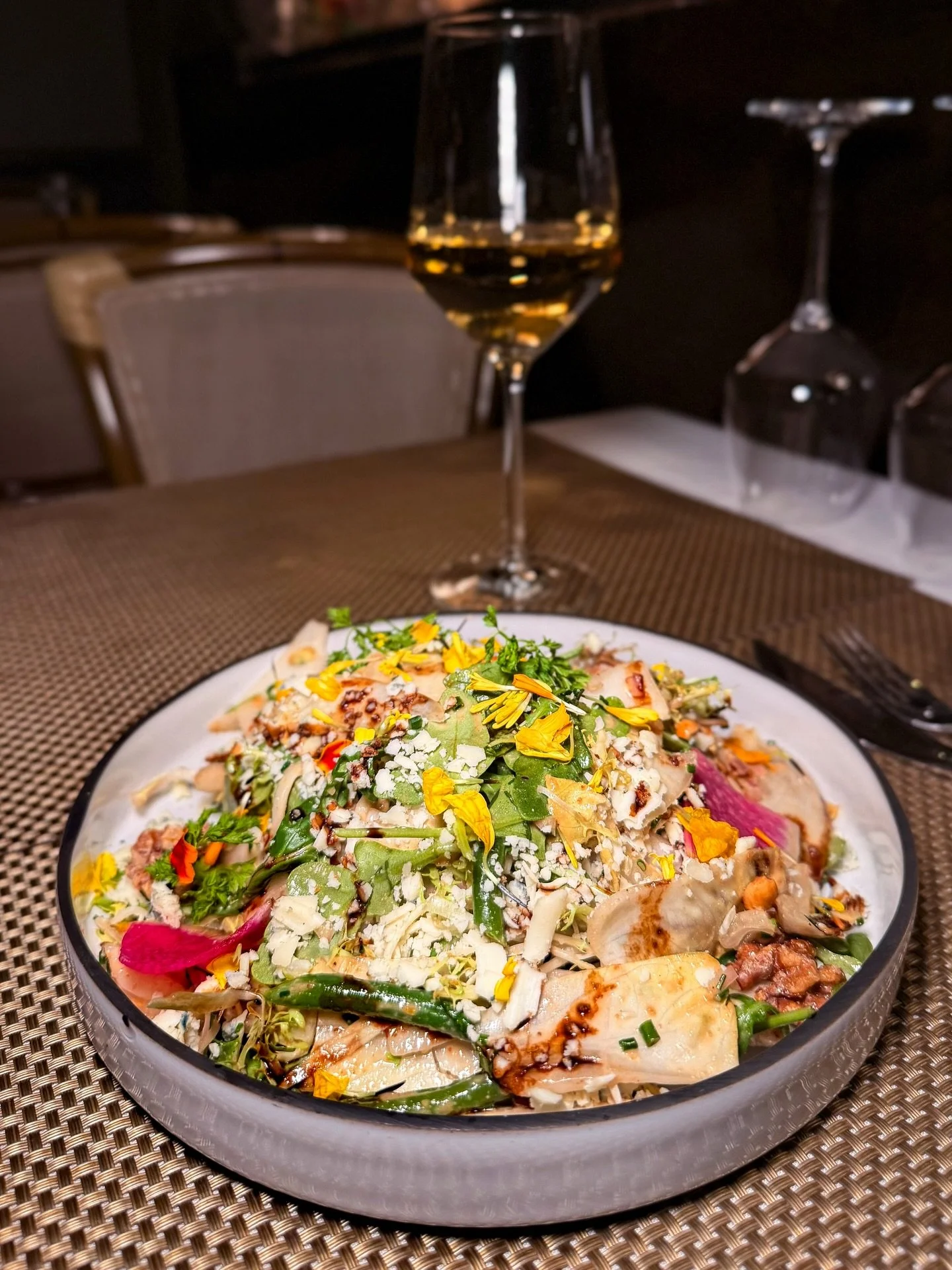 Crunchy Endive, Apple Julienne, Caramelized Walnut, Baby Arugula, Point Reyes Blue Cheese, bright Haricots Verts , and Balsamic Hazelnut Vinaigrette; our Belgian Endive Salad is the little spring pick‑me‑up Chicago needs. Savor it tonight at Bistrono