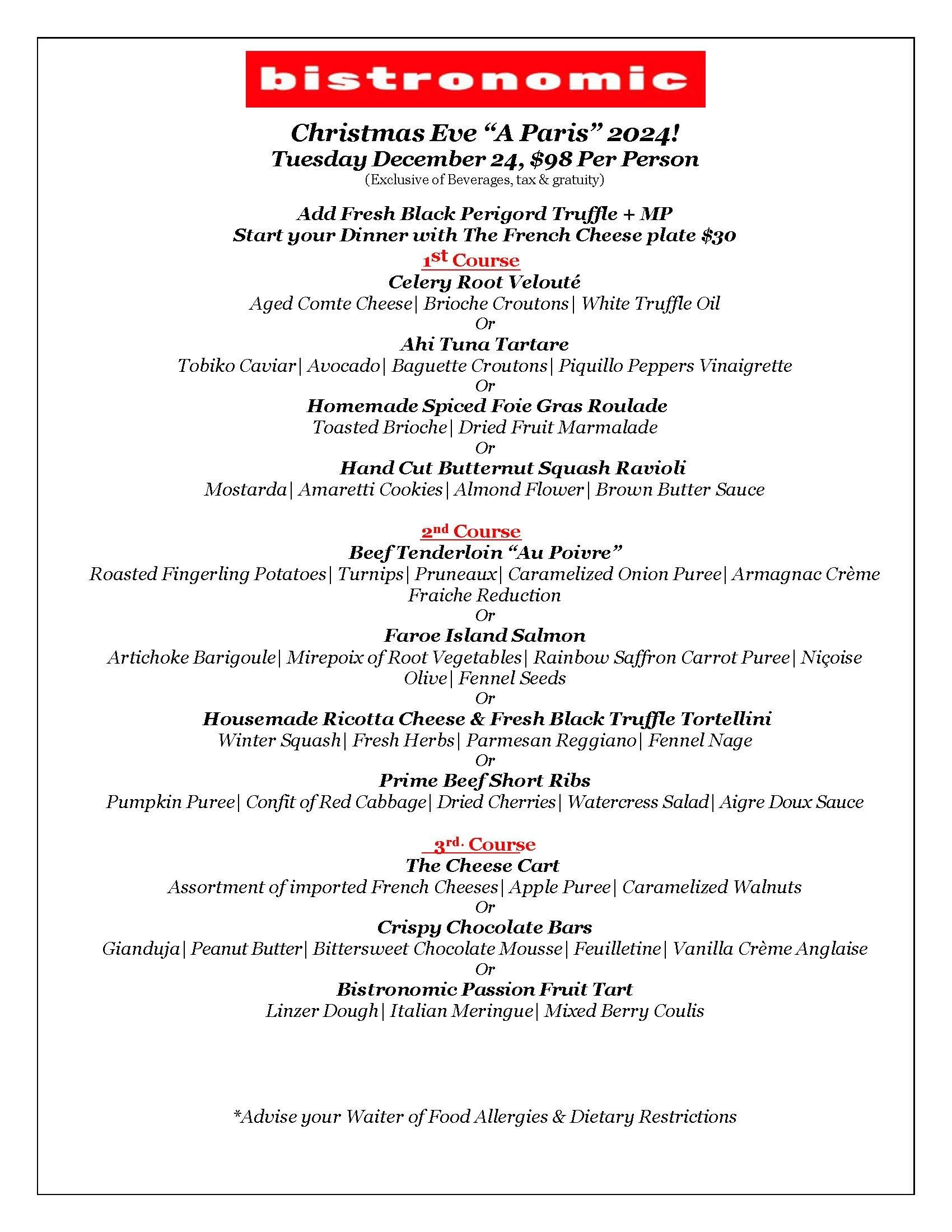 Christmas Eve 2024 Dinner Menu — BISTRONOMIC