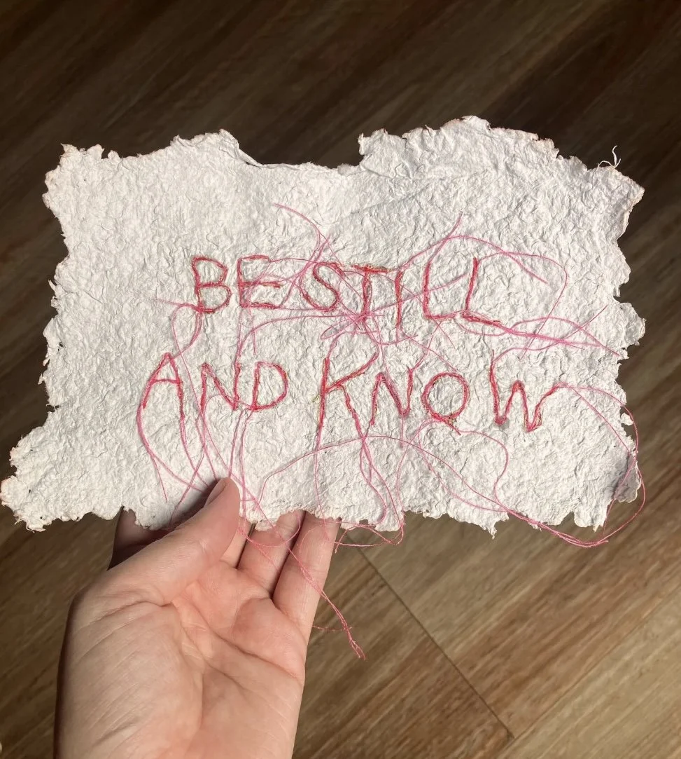 "Be Still and Know", 2026, Muslin, Thread, Paper Pulp