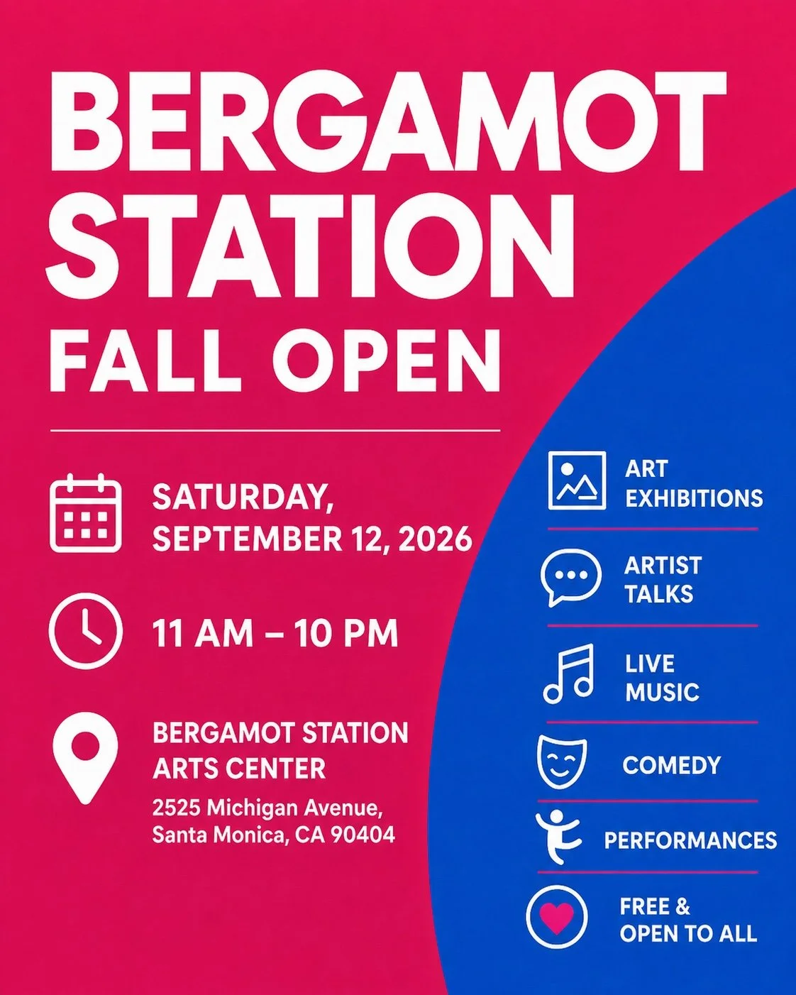 Bergamot Station Fall Open, September 12, 2026, 11 AM–10 PM.