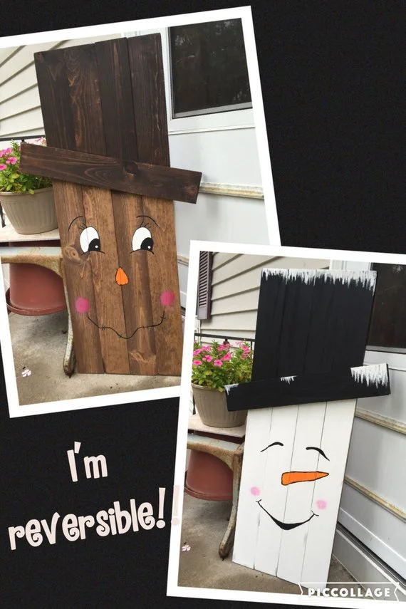 Reverisble scarecrow snowman porch sign