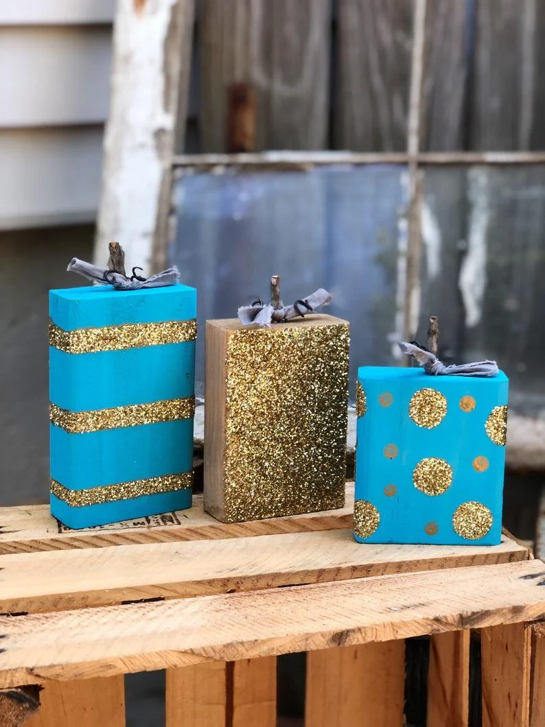 DIY 2x4 glittered pumpkins