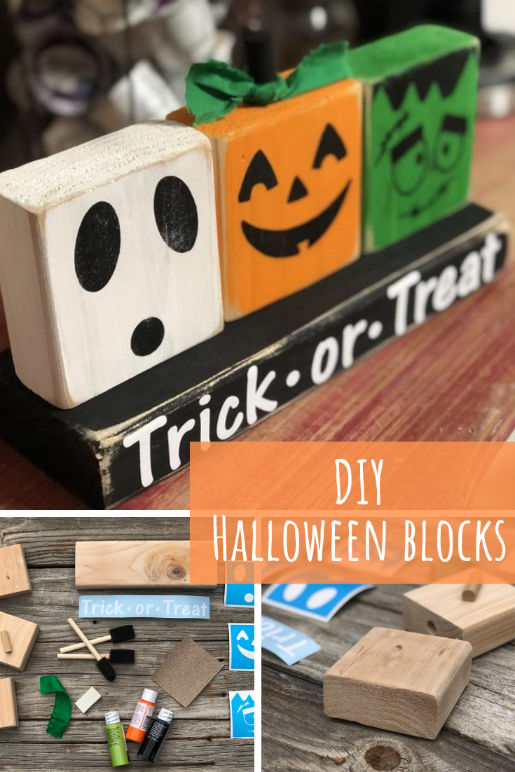 DIY Halloween shelt sitter 2x4 craft. How to make Halloween Decor, ghost, pumpkin, Frankenstein trick or treat craft