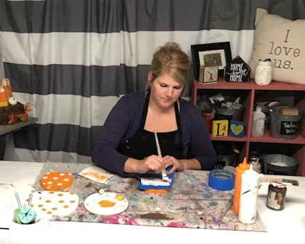 How to paint wood pumpkin cutouts. This easy DIY kit has everything you need to DIY this sweet and simple rustic  fall decor. How to paint stripes on pumpkins.